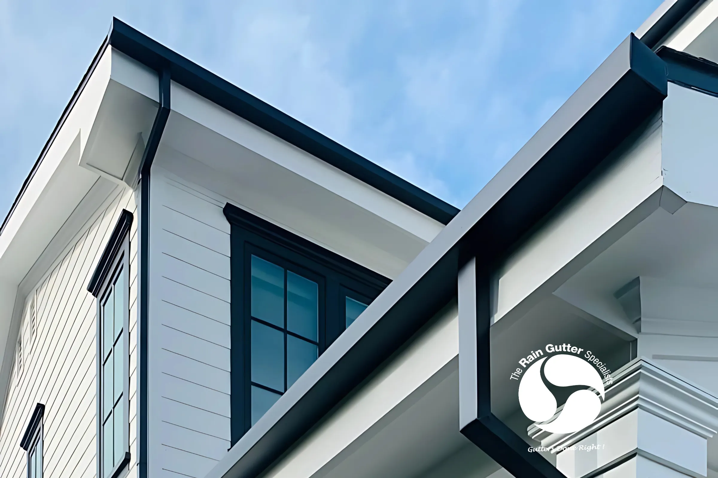 Backyard patio with white gutter system