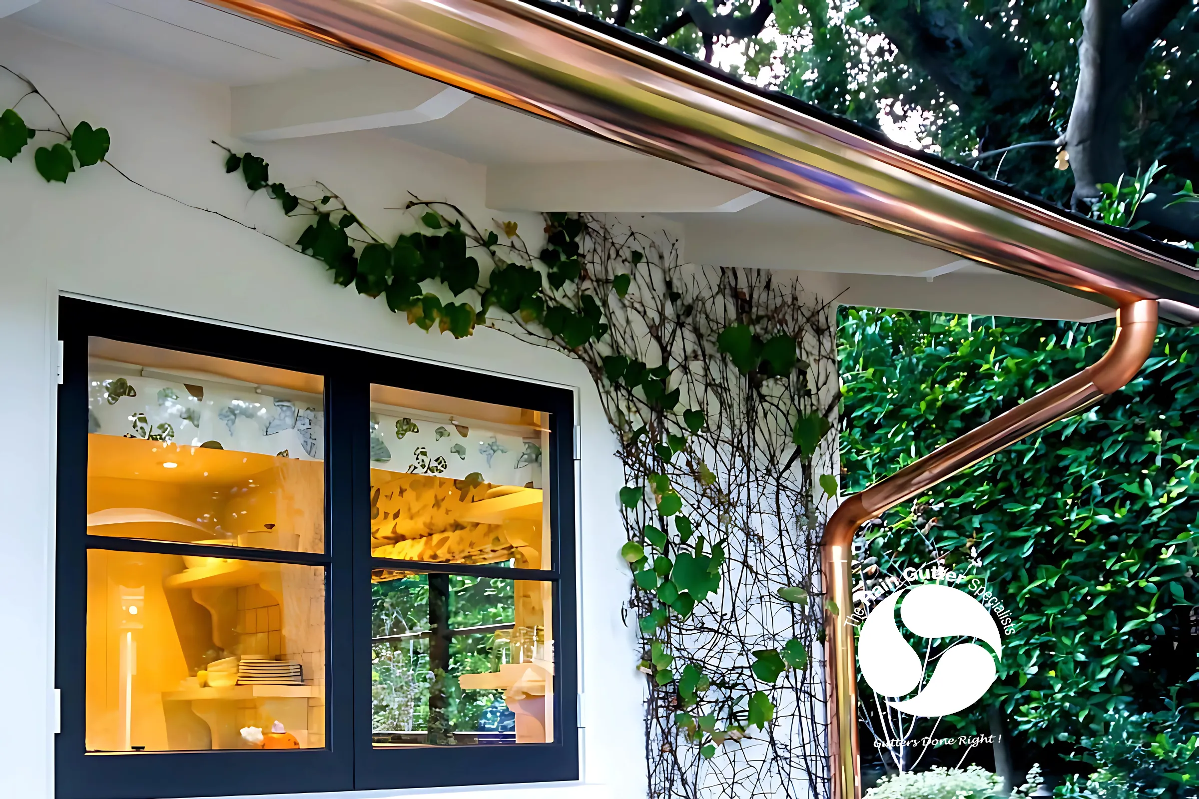 Copper rain gutter installed on ivy-covered home