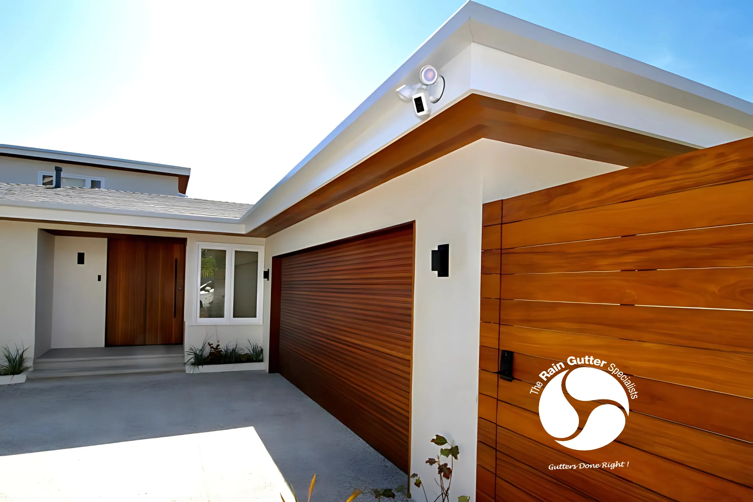 Wood-accent home with white fascia and new gutters